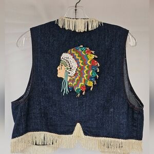 RARE 1970s Joni Blair California Western Denim Sequin Fringe Vest Sheriff Sz 13